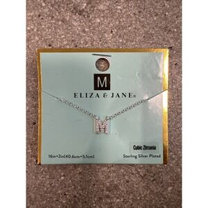 Eliza & Jane Initial "M" Sterling Silver Plated Chain 16"+2in Necklace Cubic Zir